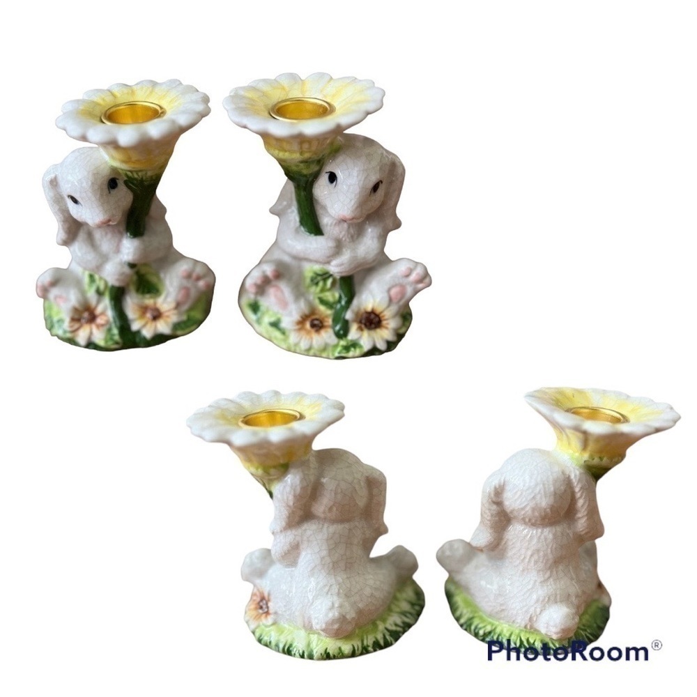 Hand painted Spring White Bunny Ceramic Candle holder Easter Bunny Crackle Paint - Picture 10 of 11